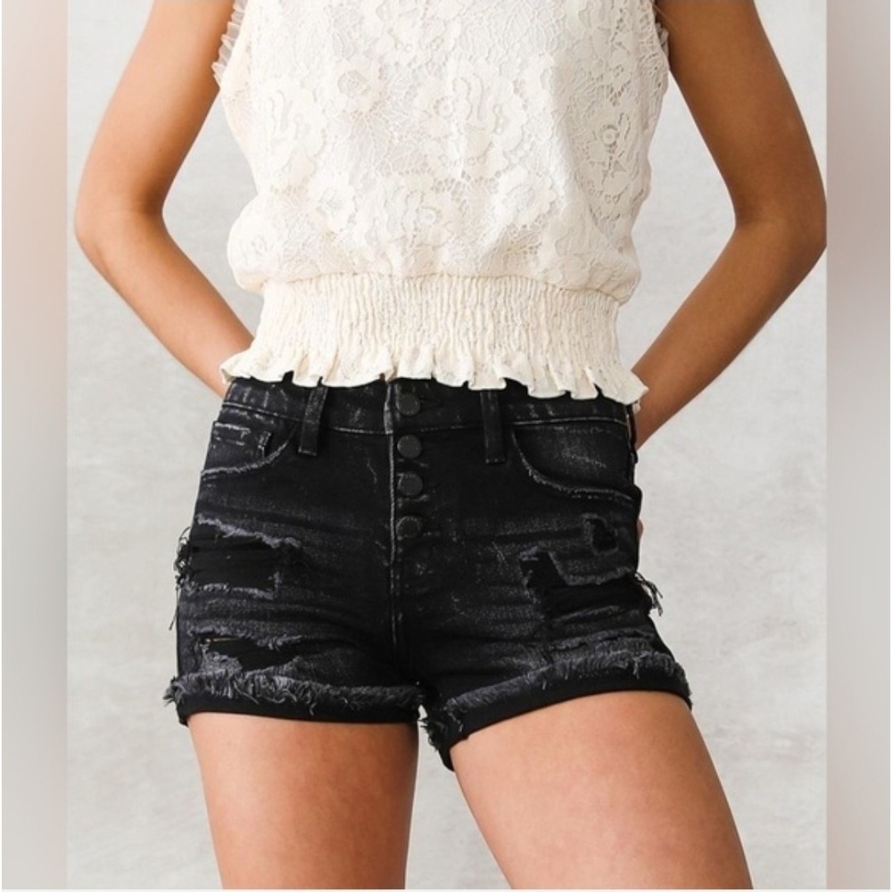 Kancan Black Jean Shorts Button Fly Mid Rise Stretch Destressed Grunge Emo Sz 25 - Picture 2 of 10